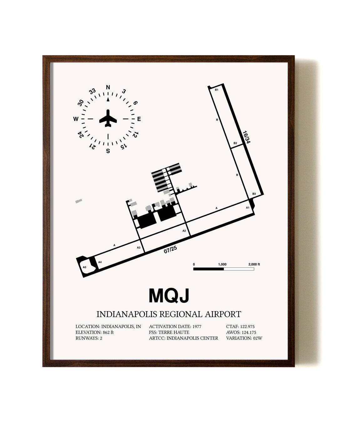 Indianapolis Regional Airport aviation print in walnut frame