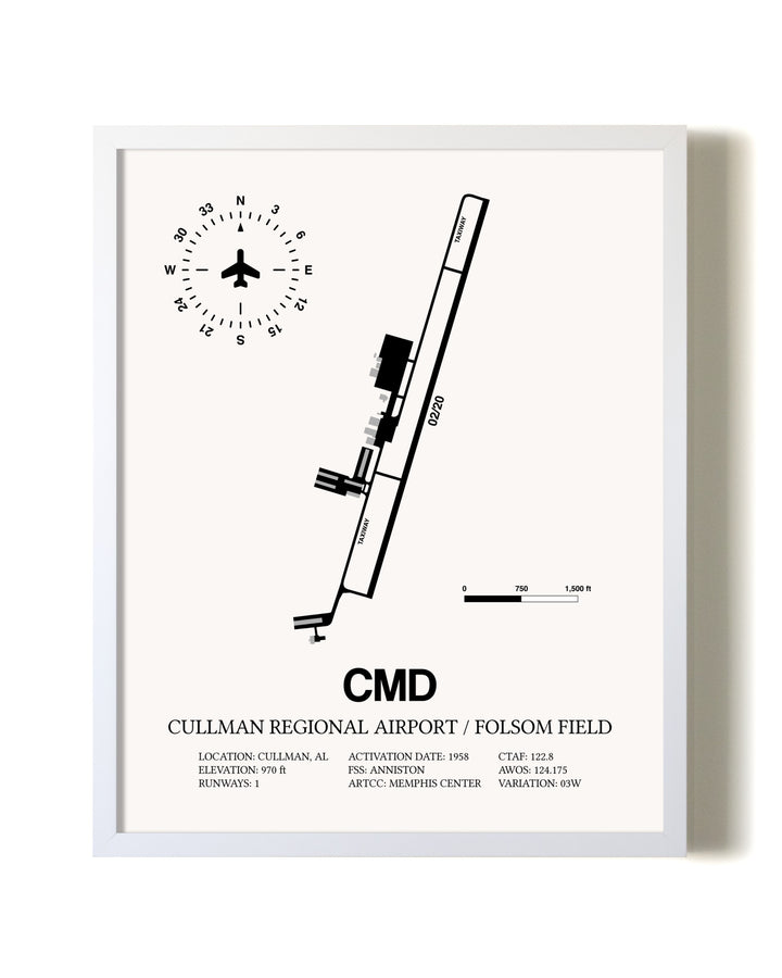 Cullman Regional Airport / Folsom Field airport map poster in oak frame