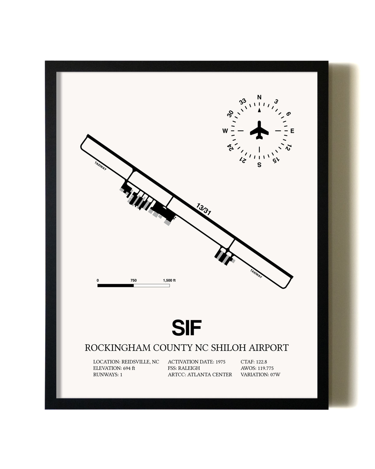 Framed Rockingham County NC Shiloh Airport wall art poster in black frame