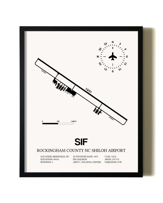Framed Rockingham County NC Shiloh Airport wall art poster in black frame