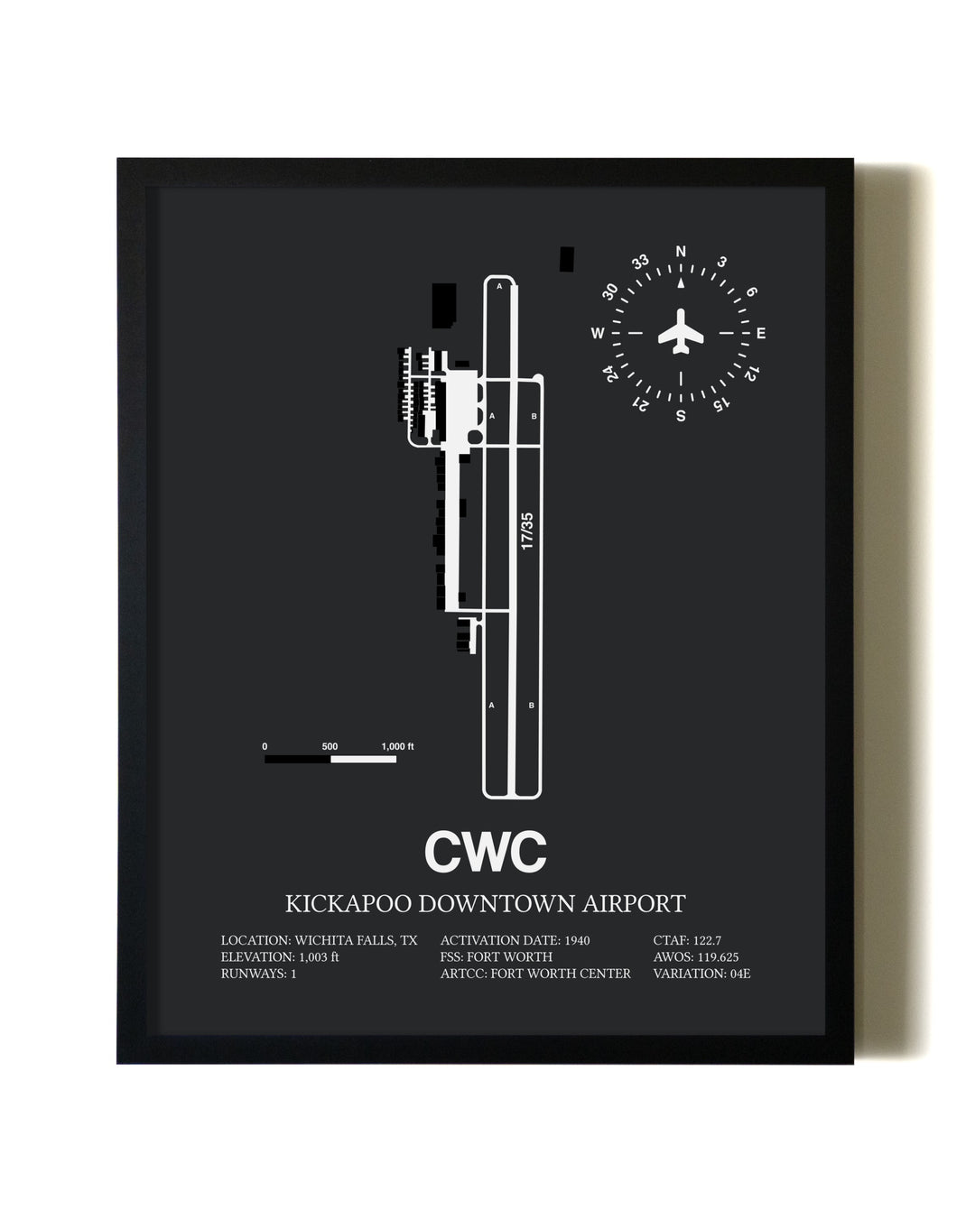 Unframed Kickapoo Downtown Airport map print poster