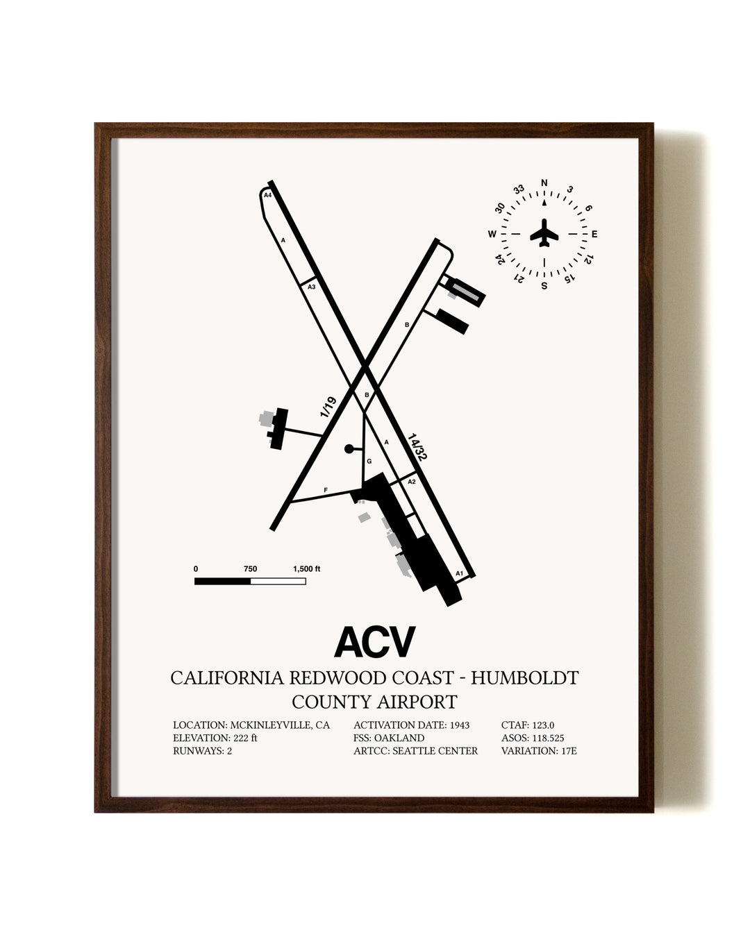 California Redwood Coast - Humboldt County Airport aviation print in walnut frame