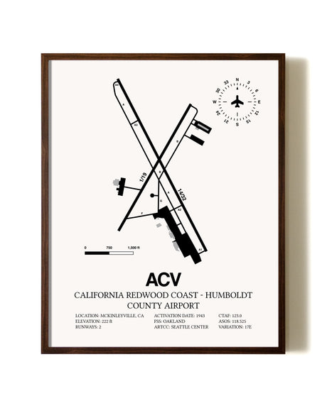 California Redwood Coast - Humboldt County Airport aviation print in walnut frame