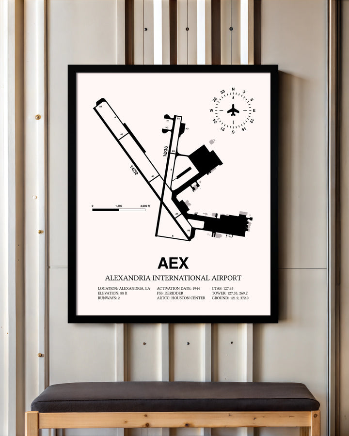 Alexandria International Airport framed poster displayed in an airplane hangar