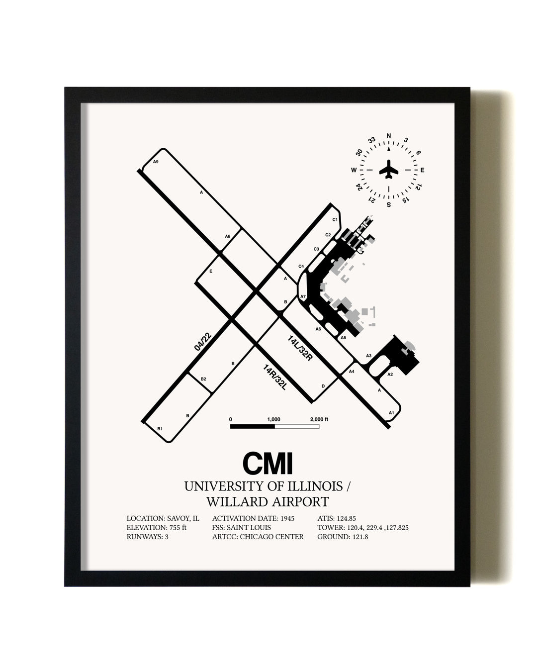 Framed University of Illinois / Willard Airport wall art poster in black frame