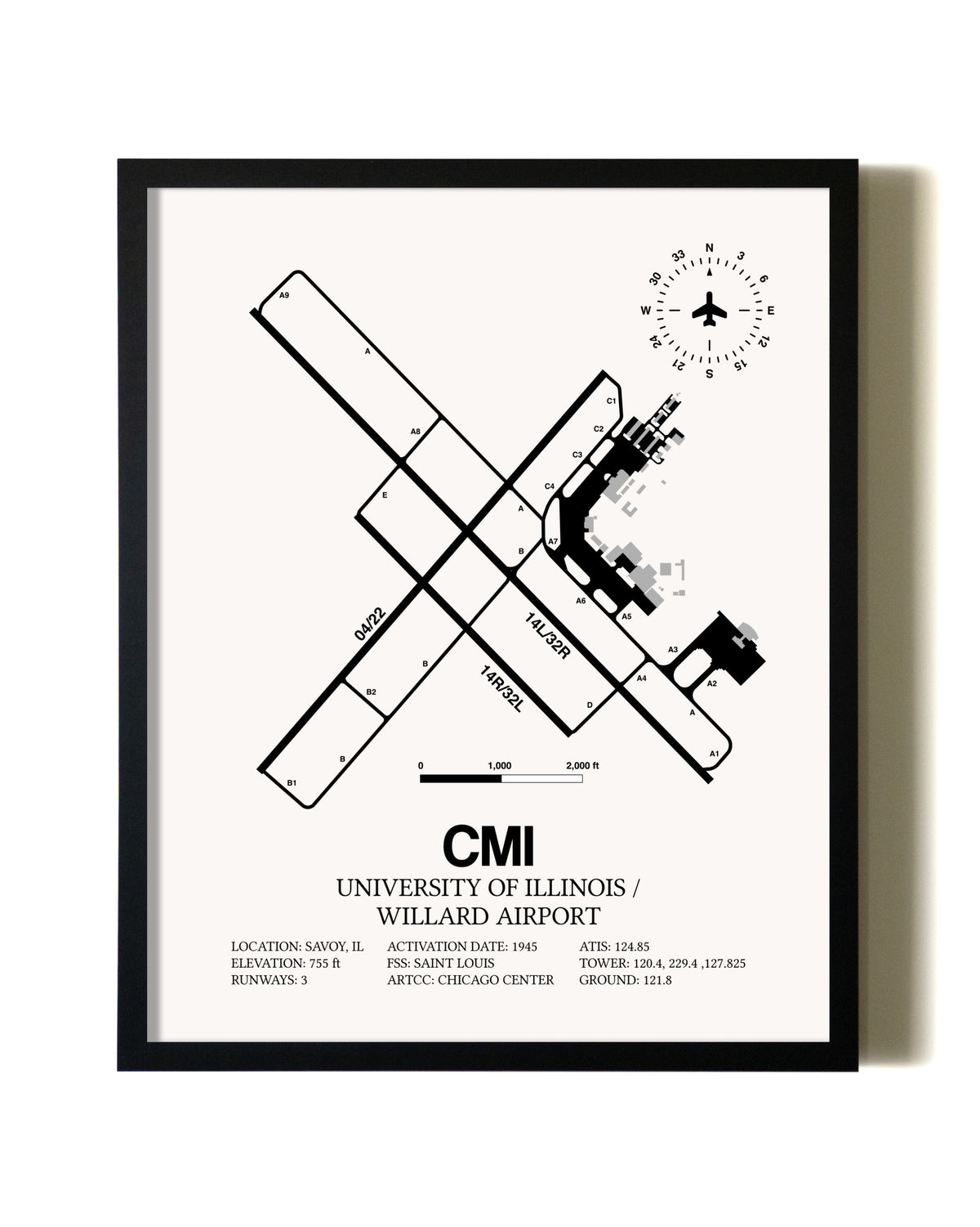 Framed University of Illinois / Willard Airport wall art poster in black frame