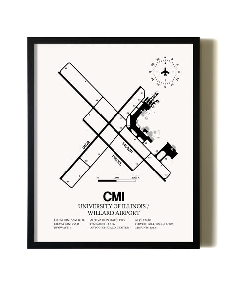 Framed University of Illinois / Willard Airport wall art poster in black frame