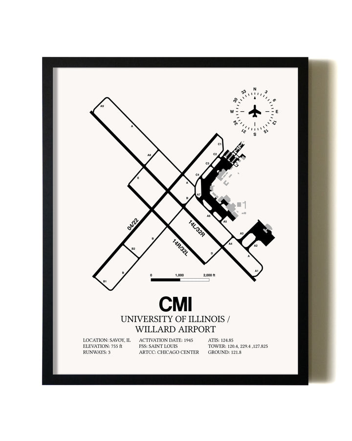 Framed University of Illinois / Willard Airport wall art poster in black frame