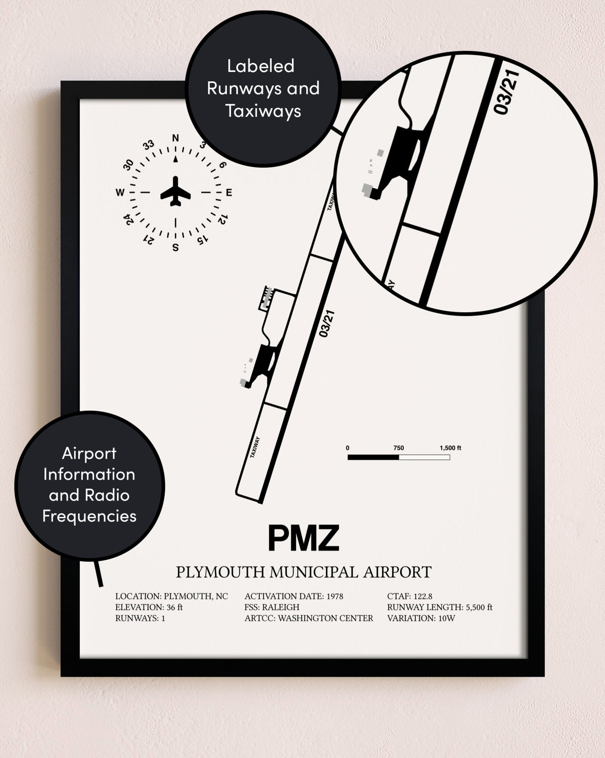 Framed Plymouth Municipal Airport layout wall art poster