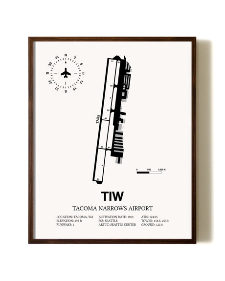 Tacoma Narrows Airport aviation print in walnut frame