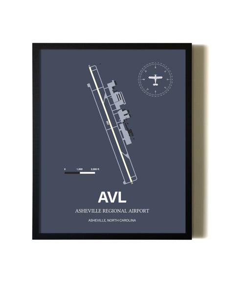 Blue and Cream Framed Asheville Regional Airport layout wall art poster