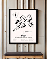 Hudson Valley Regional Airport framed poster displayed in an airplane hangar