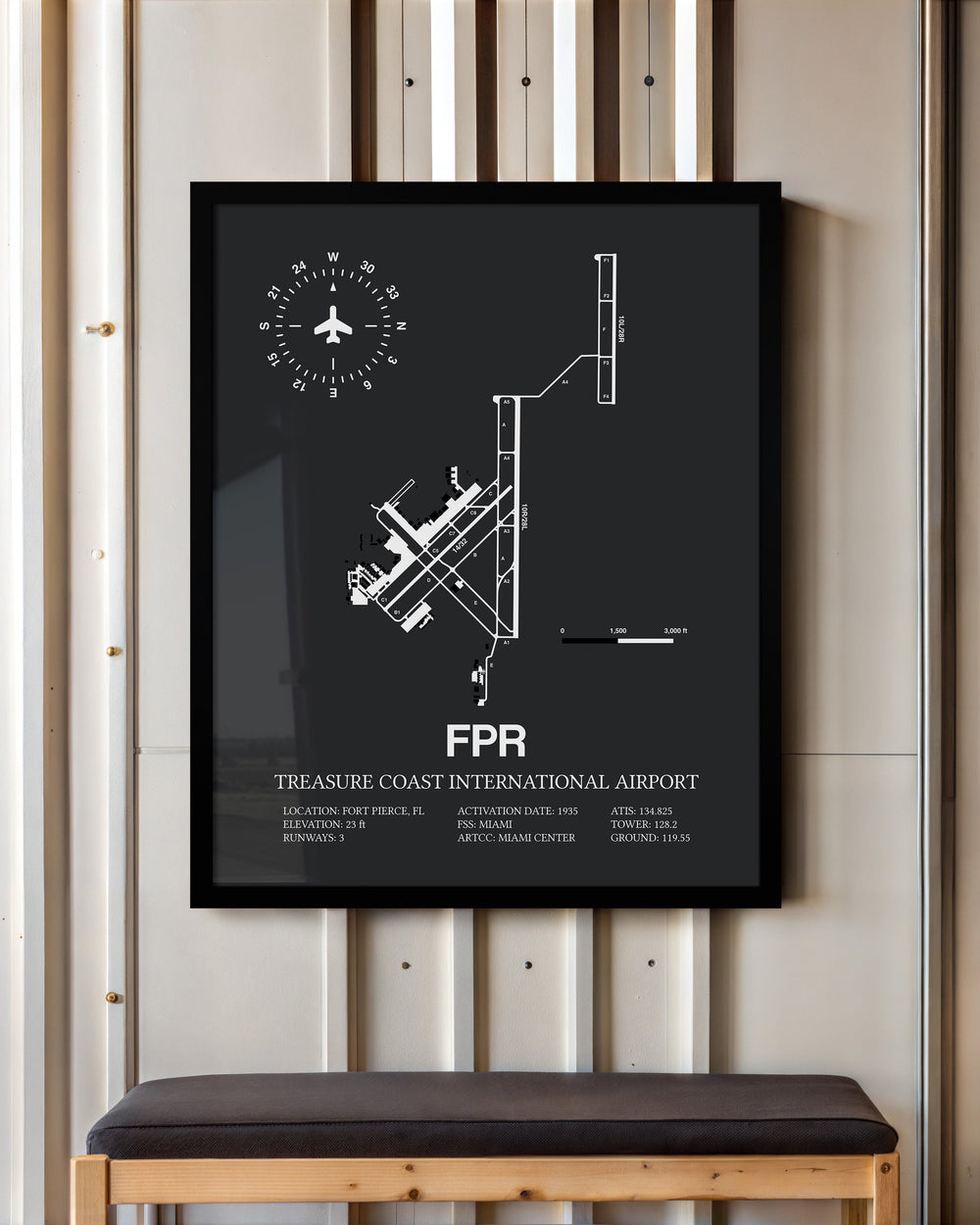Framed Detailed Airport Map of Treasure Coast International Airport (FPR) in Gray with a Black Frame