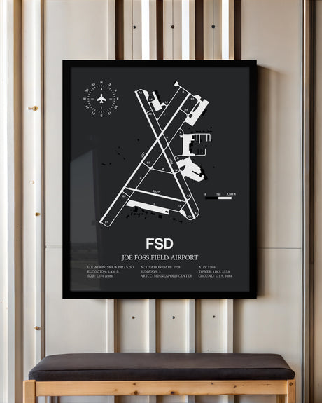 Framed Detailed Airport Map of Joe Foss Field Airport (FSD) in Gray with a Black Frame