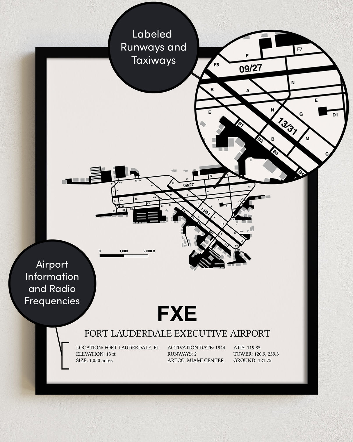 Framed Detailed Airport Map of Fort Lauderdale Executive Airport (FXE) in White with a Black Frame