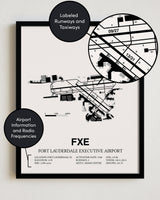 Framed Detailed Airport Map of Fort Lauderdale Executive Airport (FXE) in White with a Black Frame