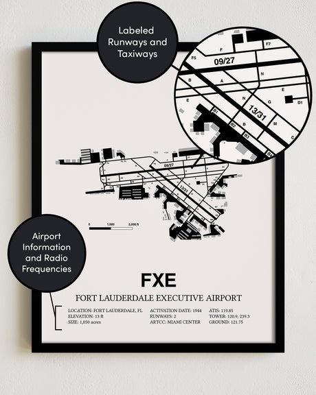 Framed Detailed Airport Map of Fort Lauderdale Executive Airport (FXE) in White with a Black Frame