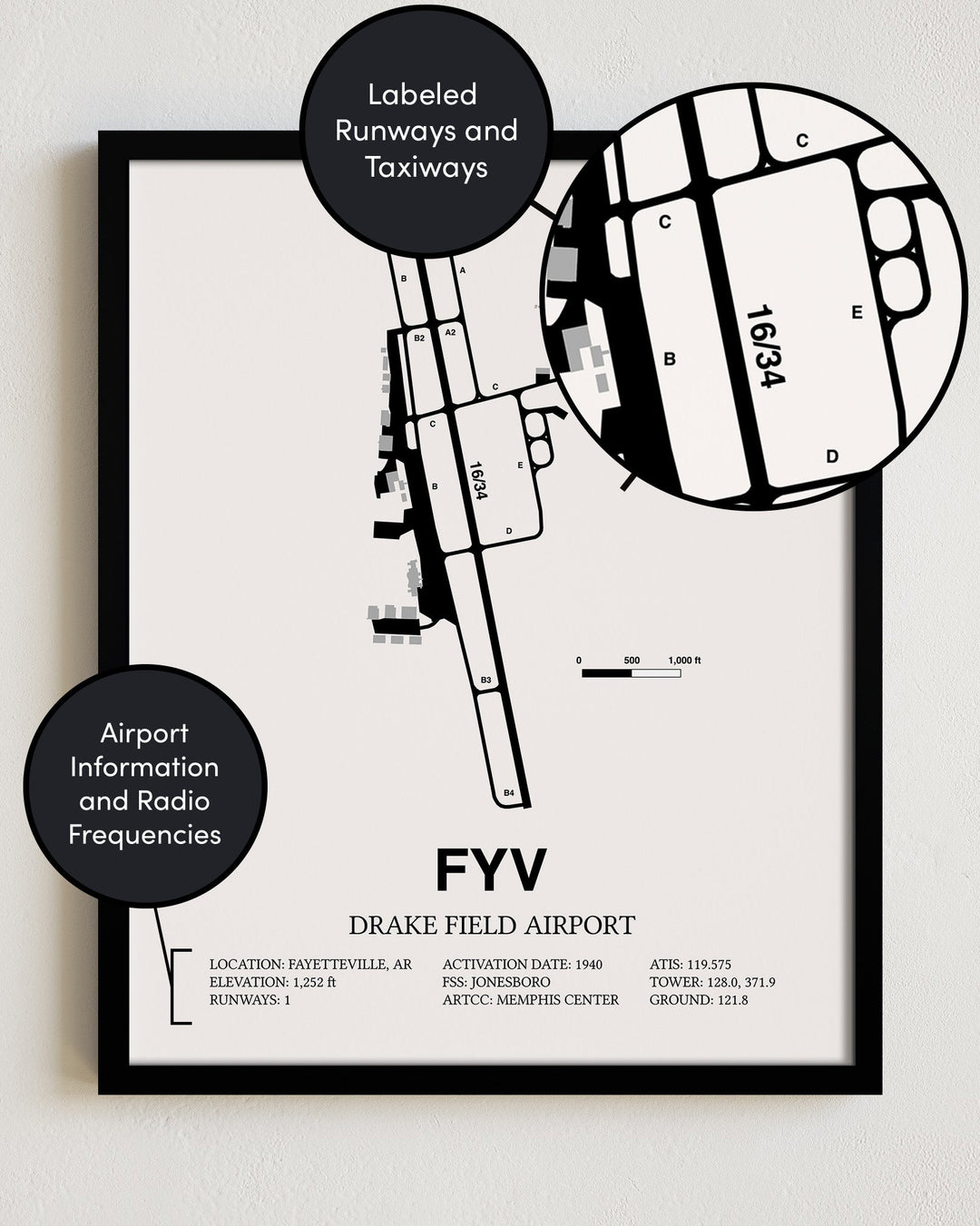 Framed Detailed Airport Map of Drake Field (FYV) in White with a Black Frame