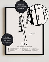 Framed Detailed Airport Map of Drake Field (FYV) in White with a Black Frame