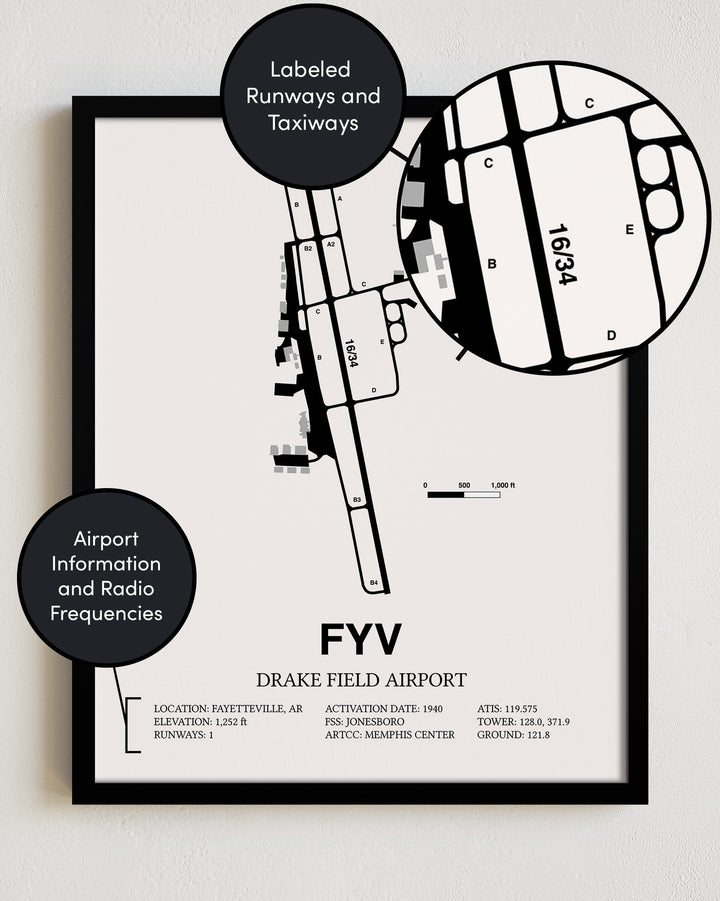 Framed Detailed Airport Map of Drake Field (FYV) in White with a Black Frame