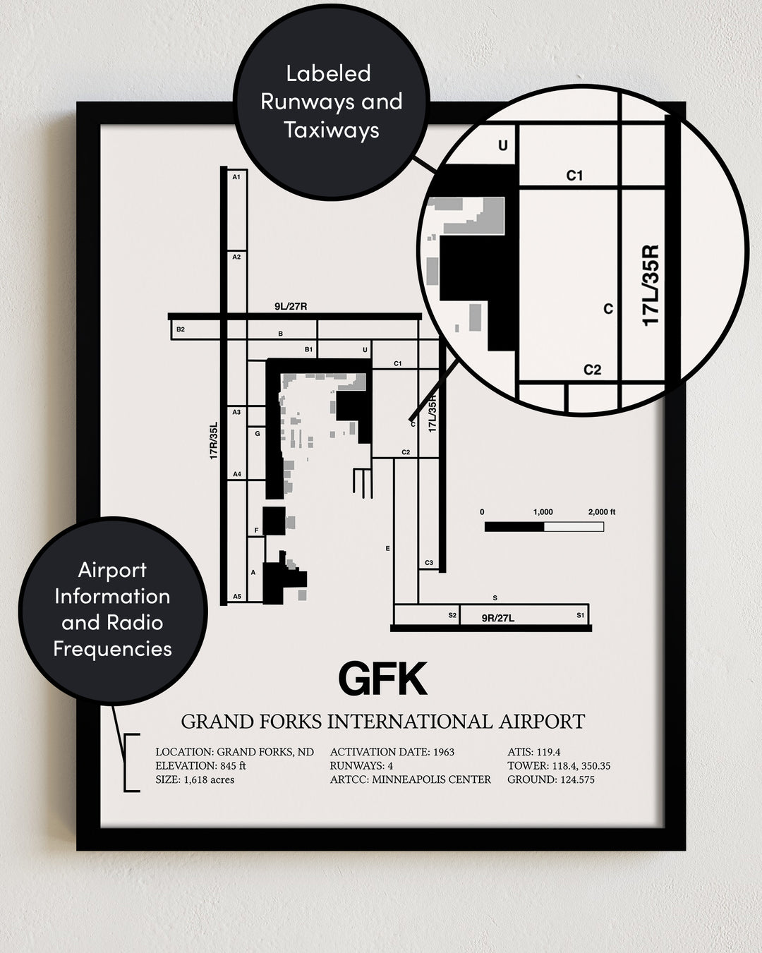 GFK Airport Map, Grand Forks International Airport Framed Print