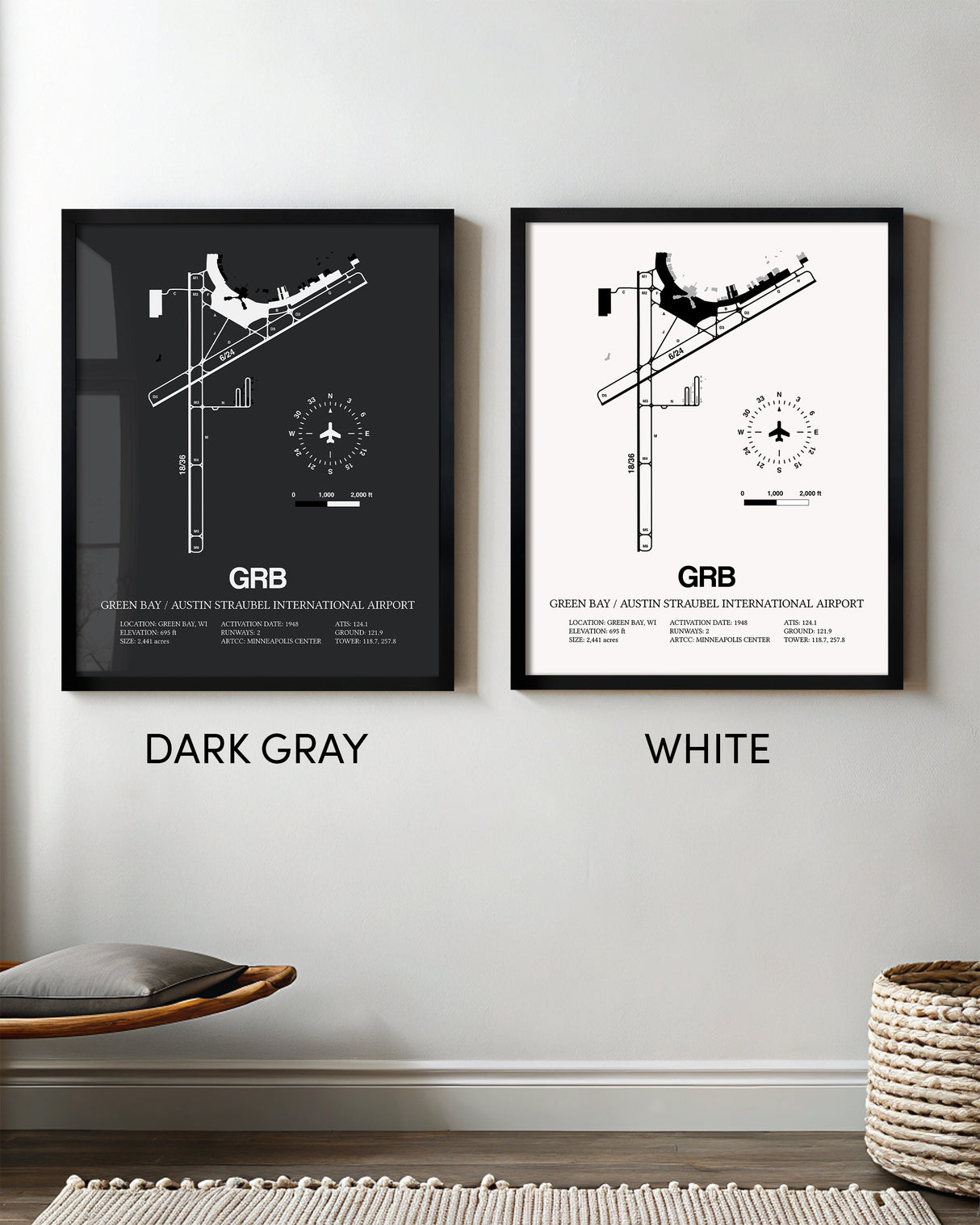 Framed Detailed Airport Map of Green Bay/Austin Straubel International Airport (GRB) in White and Gray