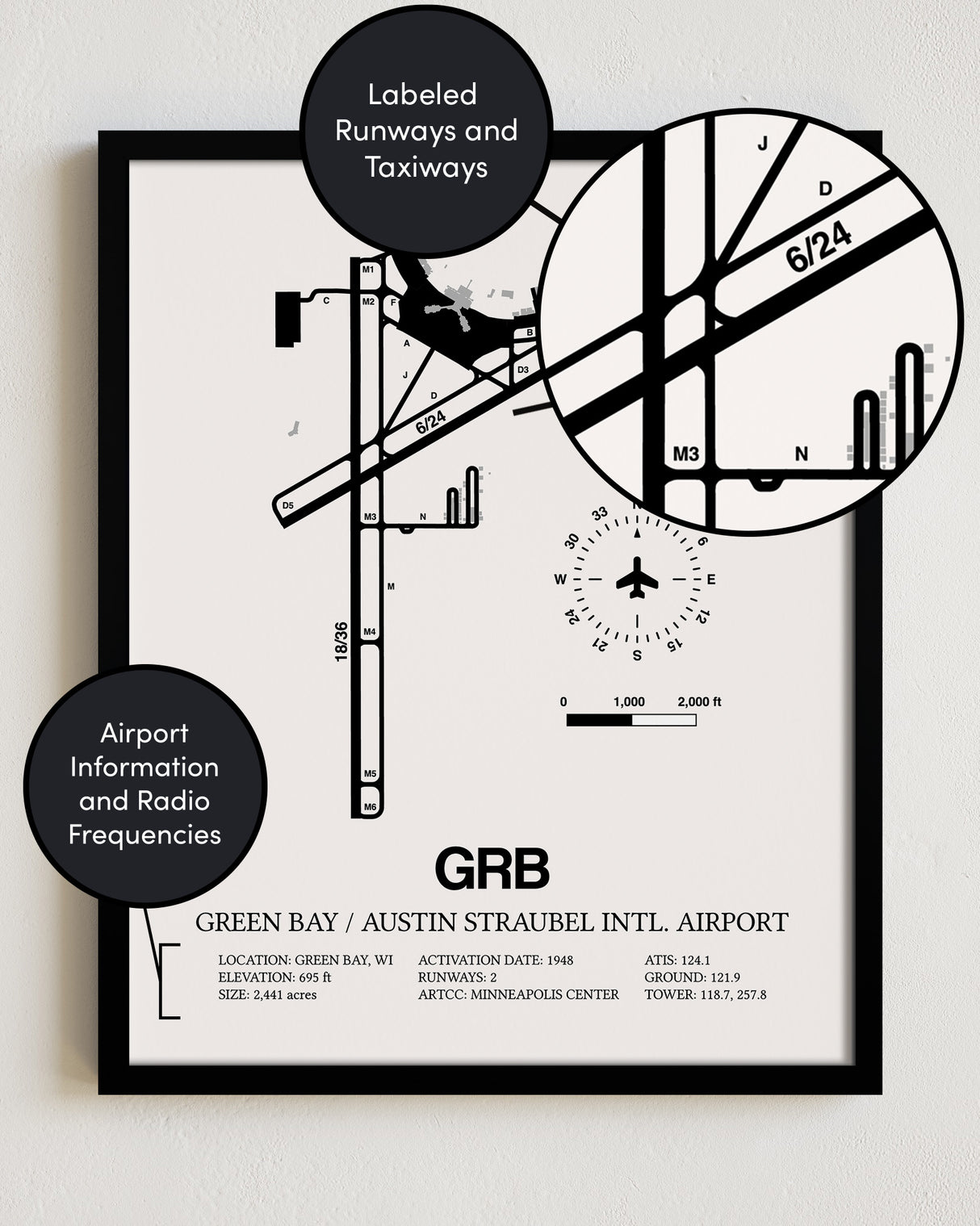 Framed Detailed Airport Map of Green Bay/Austin Straubel International Airport (GRB) in White with a Black Frame