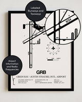 Framed Detailed Airport Map of Green Bay/Austin Straubel International Airport (GRB) in White with a Black Frame