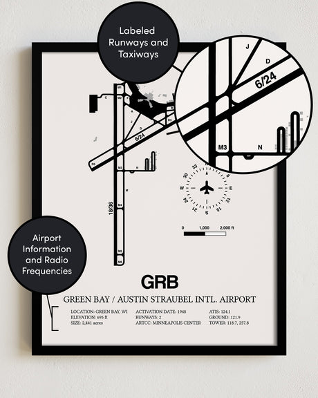 Framed Detailed Airport Map of Green Bay/Austin Straubel International Airport (GRB) in White with a Black Frame