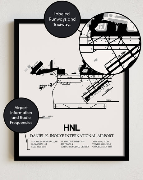Framed Detailed Airport Map of Daniel K Inouye International Airport (HNL) in White with a Black Frame