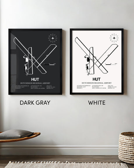 Framed Detailed Airport Map of Hutchinson Municipal Airport (HUT) in White and Gray