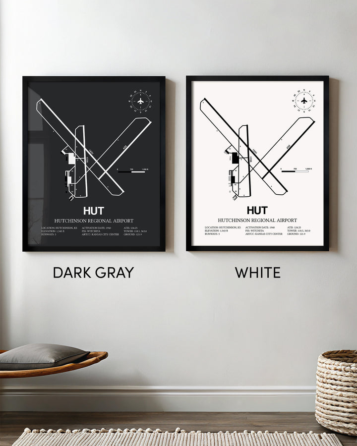 Framed Detailed Airport Map of Hutchinson Municipal Airport (HUT) in White and Gray