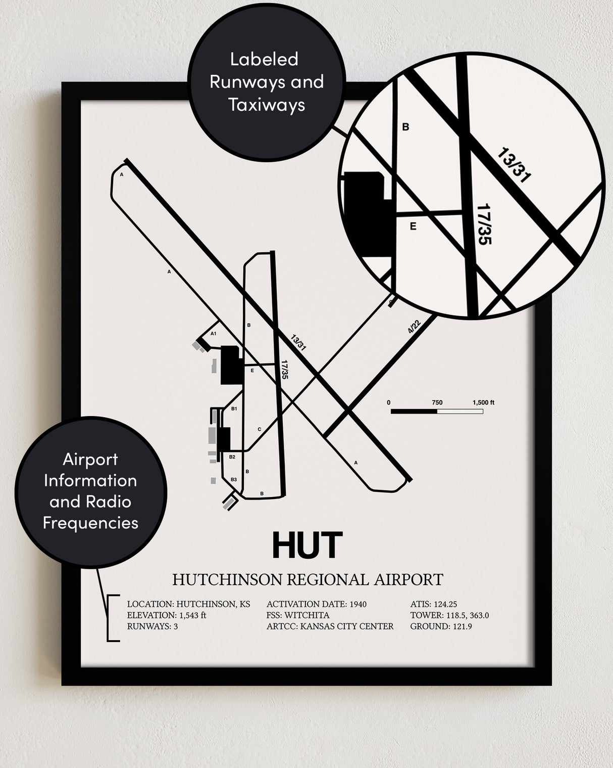 Framed Detailed Airport Map of Hutchinson Municipal Airport (HUT) in White with a Black Frame