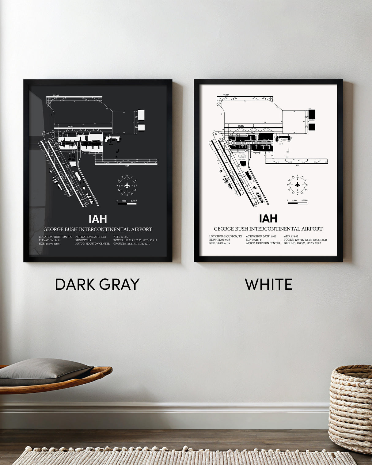 Framed Detailed Airport Map of George Bush Intercontinental Houston Airport (IAH) in White and Gray