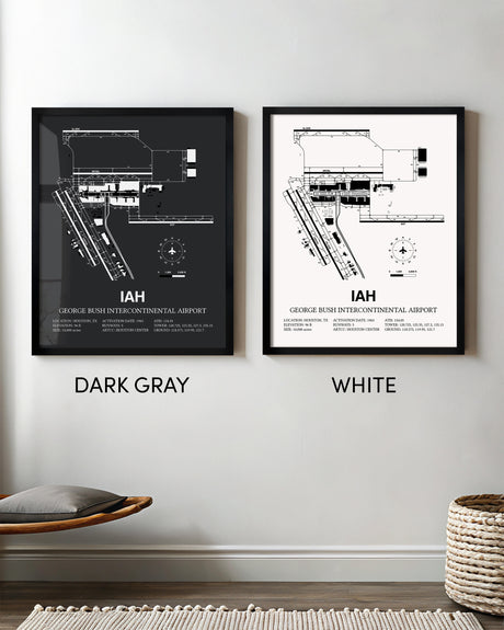Framed Detailed Airport Map of George Bush Intercontinental Houston Airport (IAH) in White and Gray