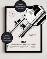 Framed Detailed Airport Map of Indianapolis International Airport (IND) in White with a Black Frame