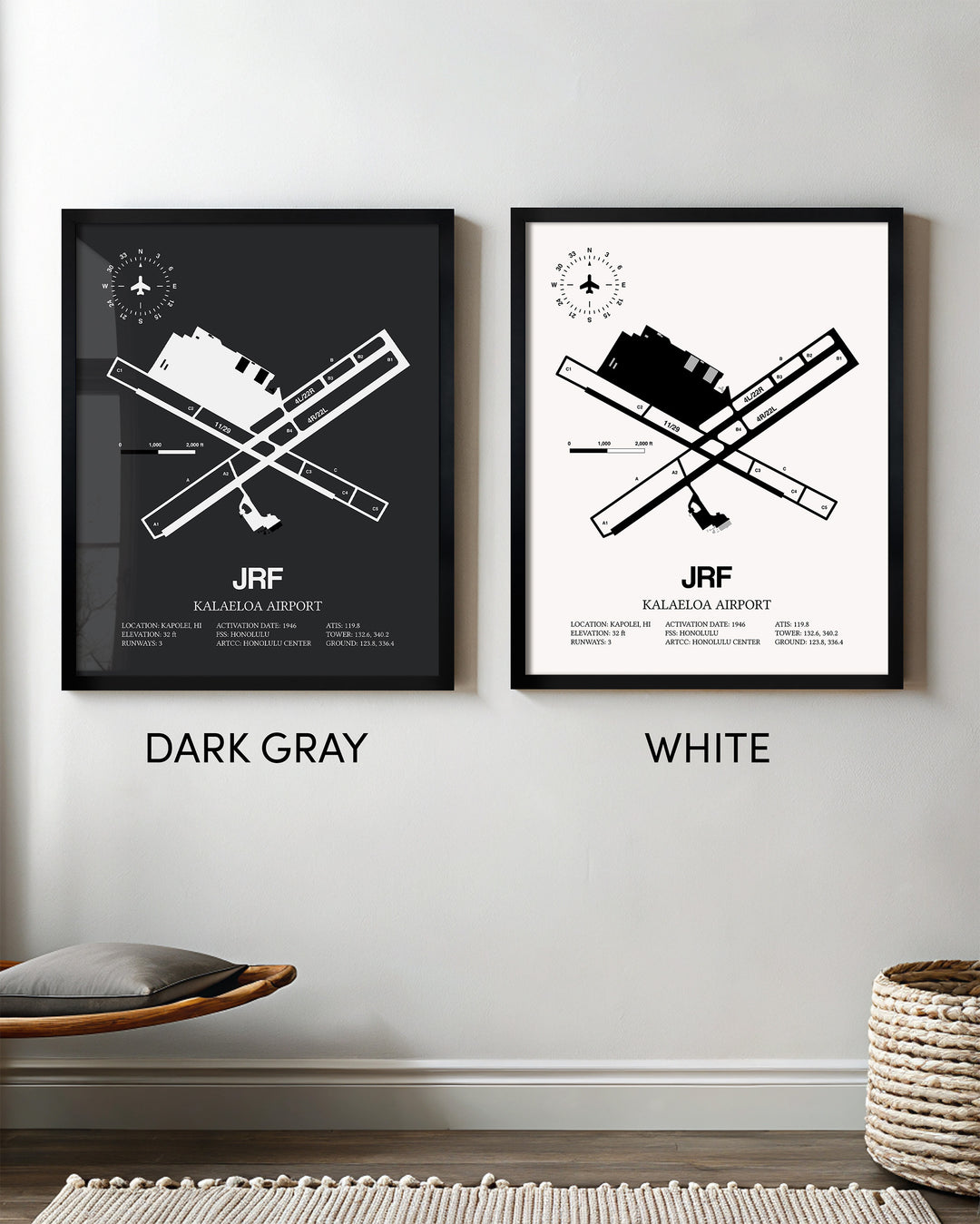 Framed Detailed Airport Map of Kalaeloa Airport (John Rodgers Field) (JRF) in White and Gray