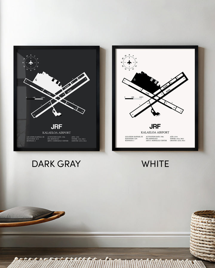 Framed Detailed Airport Map of Kalaeloa Airport (John Rodgers Field) (JRF) in White and Gray