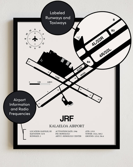 Framed Detailed Airport Map of Kalaeloa Airport (John Rodgers Field) (JRF) in White with a Black Frame