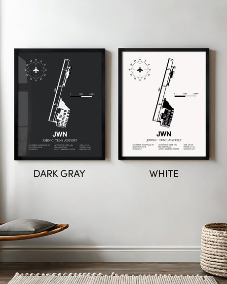 Framed Detailed Airport Map of John C. Tune Airport (JWN) in White and Gray