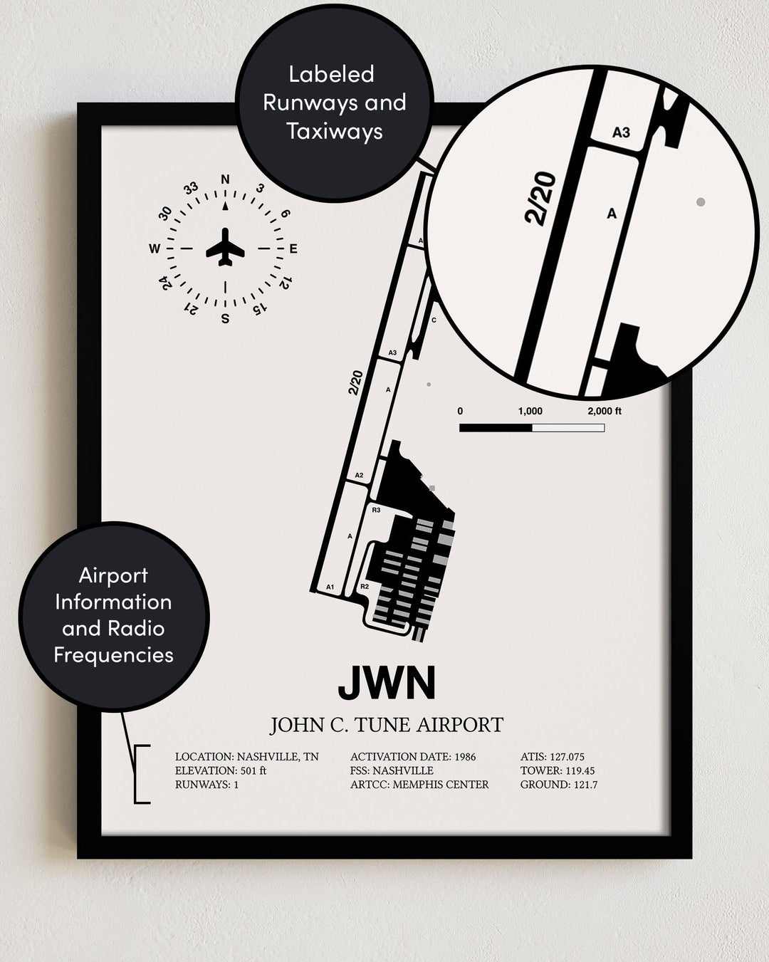 Framed Detailed Airport Map of John C. Tune Airport (JWN) in White with a Black Frame