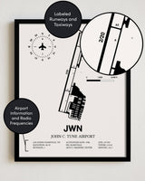 Framed Detailed Airport Map of John C. Tune Airport (JWN) in White with a Black Frame
