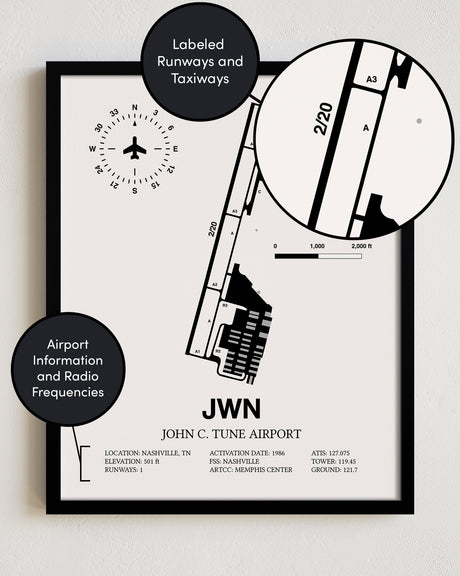 Framed Detailed Airport Map of John C. Tune Airport (JWN) in White with a Black Frame