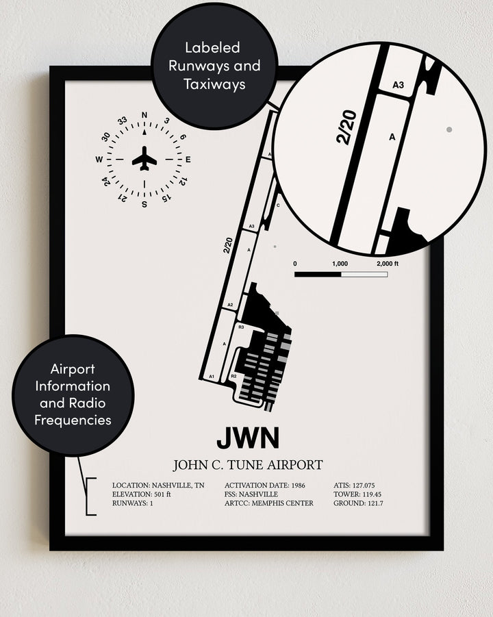 Framed Detailed Airport Map of John C. Tune Airport (JWN) in White with a Black Frame