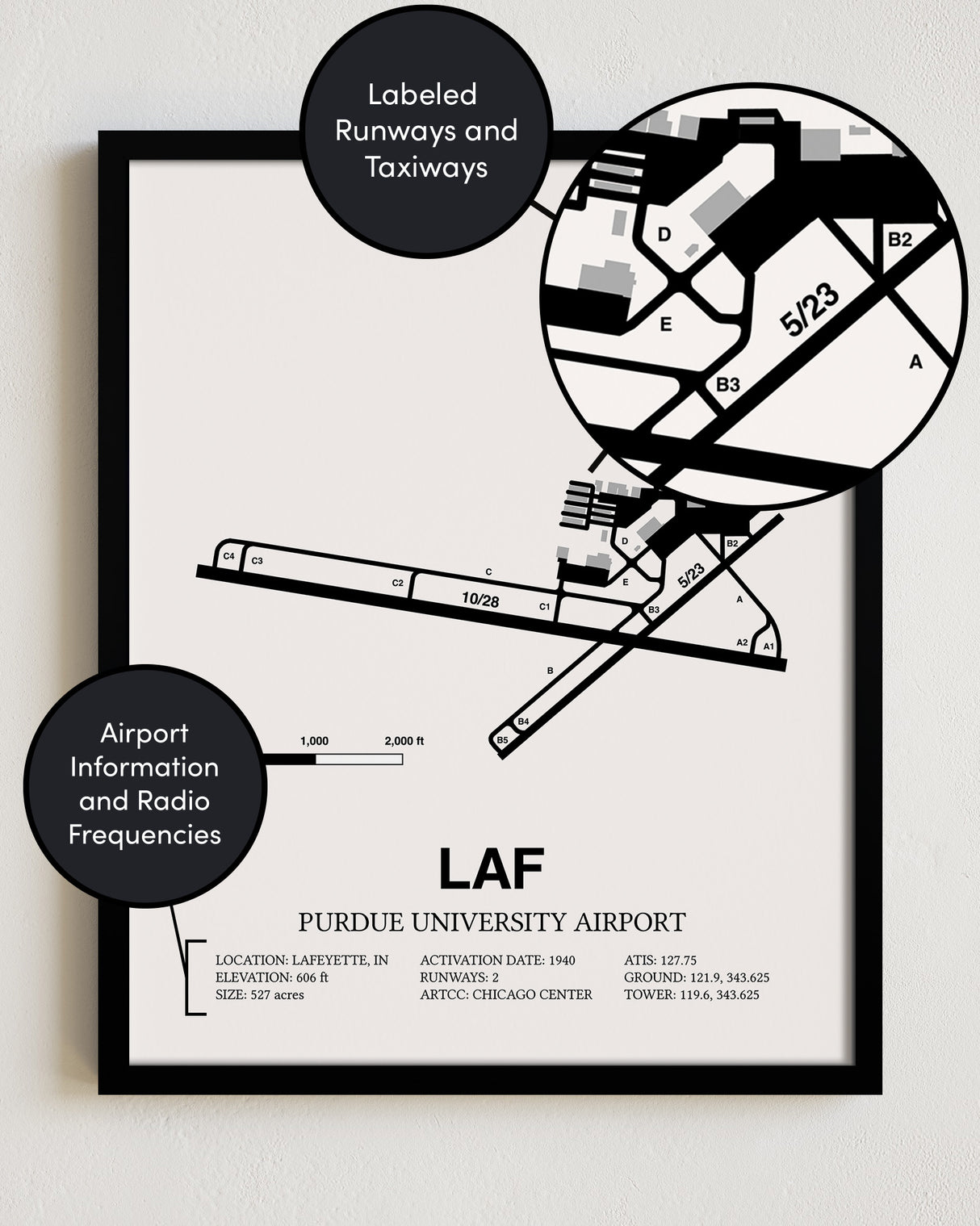 Framed Detailed Airport Map of Purdue University Airport (LAF) in White with a Black Frame