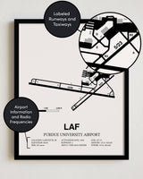 Framed Detailed Airport Map of Purdue University Airport (LAF) in White with a Black Frame