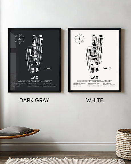Framed Detailed Airport Map of Los Angeles International Airport (LAX) in White and Gray