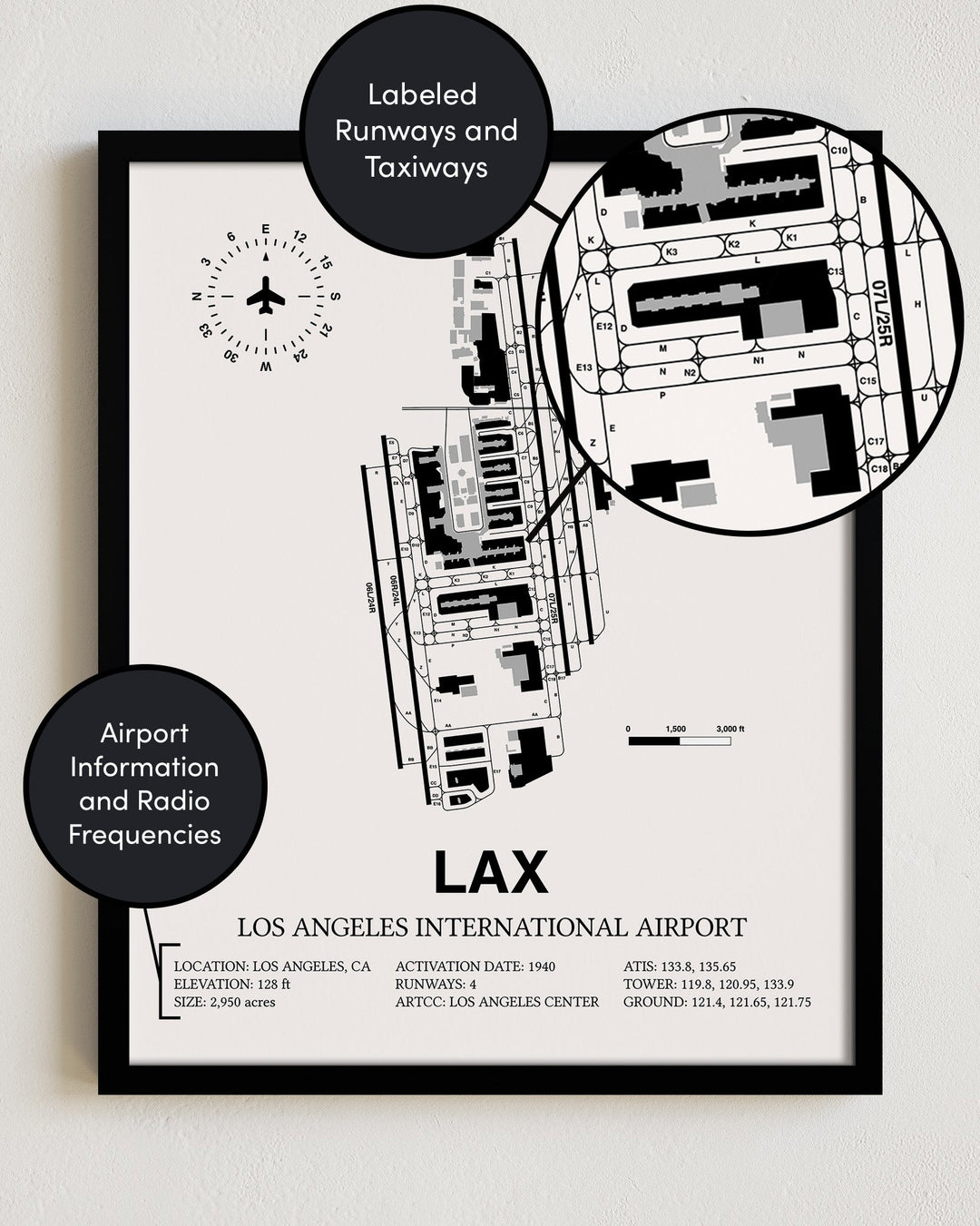 Framed Detailed Airport Map of Los Angeles International Airport (LAX) in White with a Black Frame