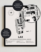 Framed Detailed Airport Map of Los Angeles International Airport (LAX) in White with a Black Frame