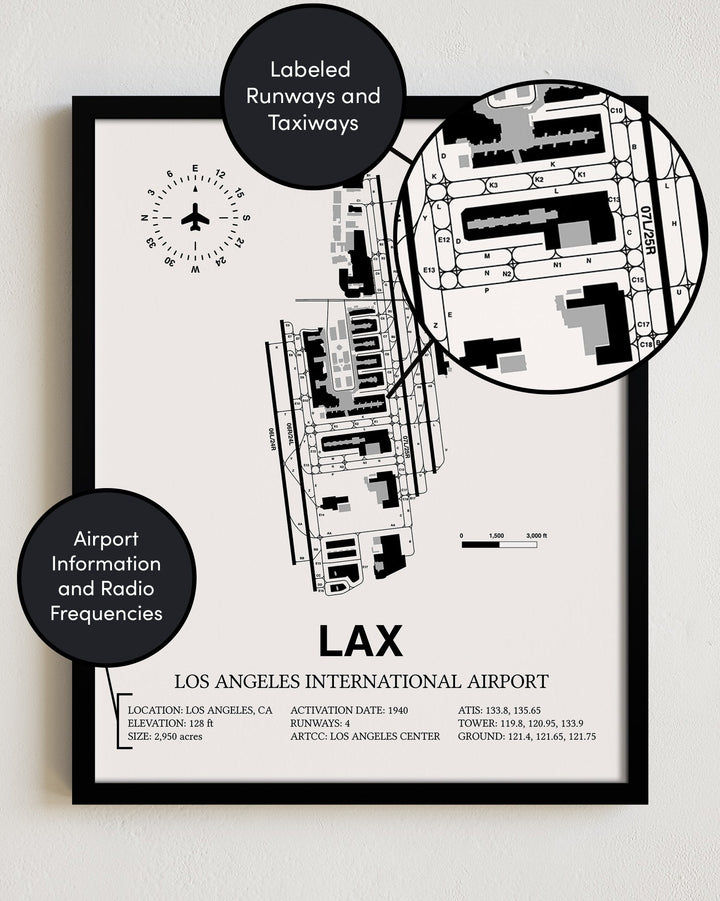 Framed Detailed Airport Map of Los Angeles International Airport (LAX) in White with a Black Frame